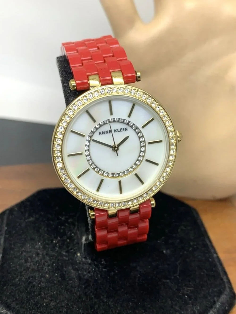 Anne Klein Women's Watch AK\2620 Quartz Mother of Pearl Dial Gold Red Resin 34mm